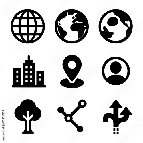 Iconic World and Essential Elements: A set of minimalist, symbolic icons, representing the globe, global locations, navigation and networking options.