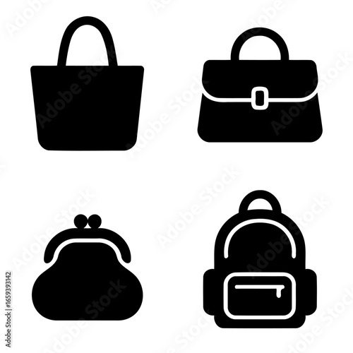 Collection of Bag Icon: A carefully curated selection of diverse bag icons, meticulously rendered in bold black, ideal for design purposes. 