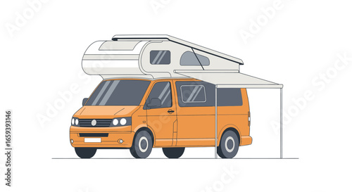 Detailed orange camper van illustration with pop-up roof and awning, perfect for travel and vacation advertisements and adventure related projects