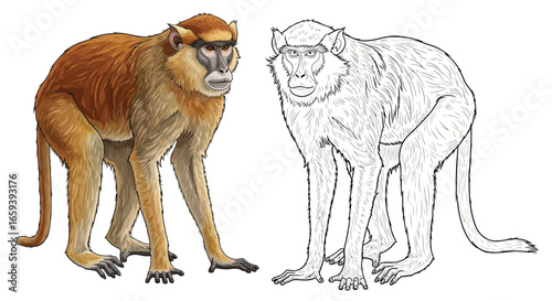 African Patas Monkey Coloring Sheet One Fully Colored and One Outline Dual Version