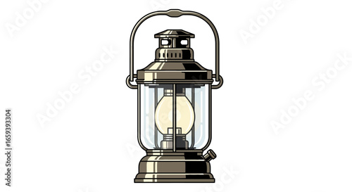 Illustrative rendering of an oil lantern with metallic finish isolated on a white backdrop