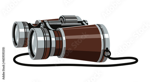 Detailed illustration of vintage binoculars with brown leather accents and silver trim ideal for adventure travel exploration and discovery visuals