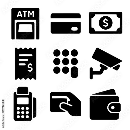 Financial Transactions: A collection of financial icons representing different aspects of money, including an ATM machine, credit card, dollar bill, receipt, pin pad, security camera.