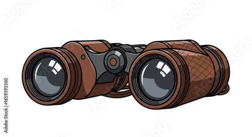 Illustrated binoculars with brown and gray details on a clean white background offering a clear and simplistic representation of optical equipment