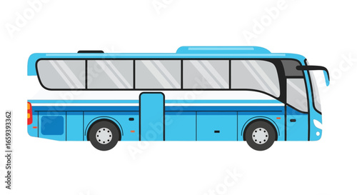 Flat vector illustration of a modern blue passenger bus with white stripes perfect for travel and transportation graphics or designs relating to