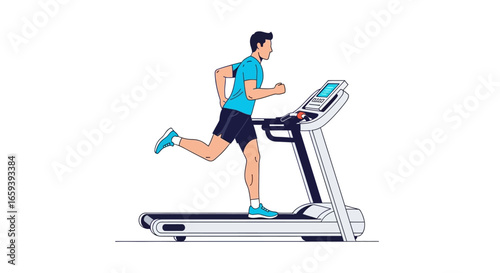 Athletic man sprints on a treadmill in a modern gym, focusing on cardio fitness and wellness, indoor training equipment usage depicted