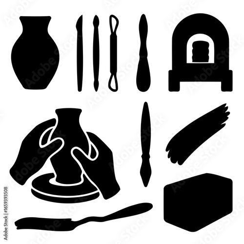 Pottery Tools: Silhouette of essential pottery tools and hands at work, ideal for art and craft content.