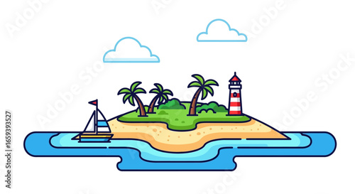 Idyllic island escape with a charming lighthouse and sailboat in a minimalistic style vector illustration, evoking wanderlust and relaxation