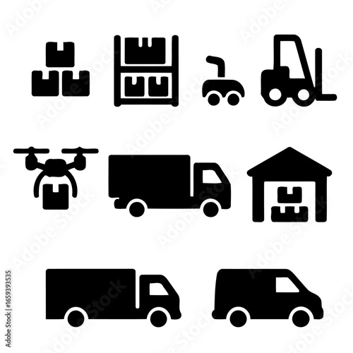 Shipping Icons: A collection of sleek black icons represents various aspects of shipping, delivery, and logistics. From boxes and forklifts to trucks and warehouses.