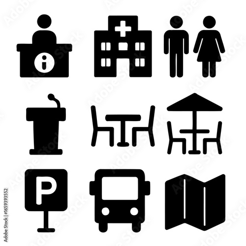 Essential Public Facilities: A minimalist illustration showcasing a selection of vital public facilities, including an information desk, hospital, restrooms, podium, seating area.