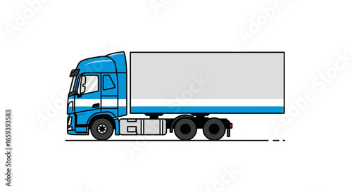 Stylized illustration showcasing a vibrant blue semi-truck with cargo trailer isolated against a stark white background, depicting transportation
