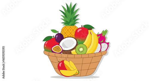 Exotic fruit medley in a woven basket presenting vibrant tropical bounty for healthy eating showcasing diverse nutritional choices