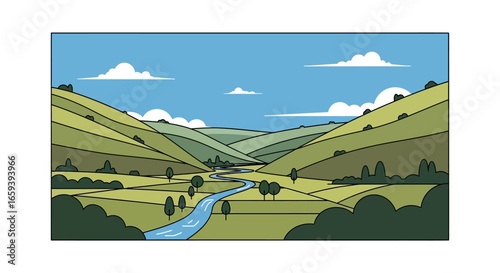 Tranquil valley vista with winding river, stylized landscape illustration, showcasing serene natural beauty with minimalist aesthetic approach for