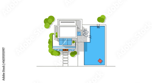 Architectural Illustration of Modern House with Pool and Landscaping Overhead View Displaying Contemporary Design Style