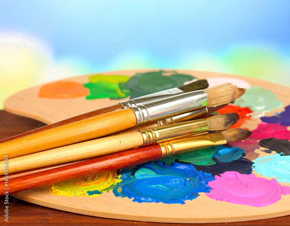 Obraz premium Paintbrushes and palette with vibrant colors