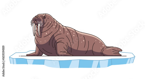 Illustration of a Walrus Resting on an Iceberg Depicting Arctic Wildlife Conservation, and Environmental Awareness, with a Flat Design Style