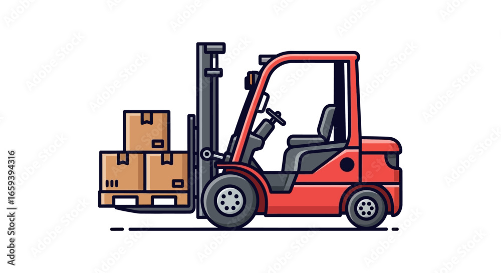 Fototapeta premium Cartoon depiction of a forklift handling cardboard boxes, conveying concepts of logistics and distribution, with a clean, modern graphic style