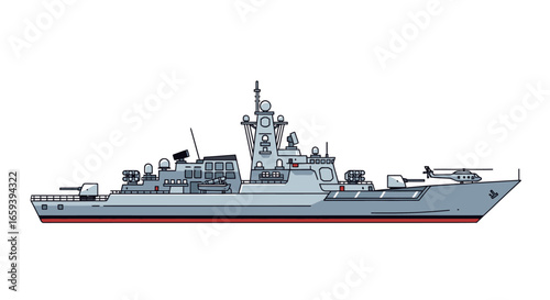 Illustration of a modern guided missile destroyer, showcasing naval vessel's design and capabilities isolated against a white background