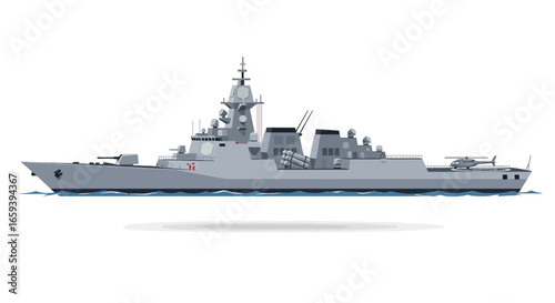 Stylized depiction of a modern warship, showcasing advanced naval technology with clean design elements and a sleek, formidable silhouette against a