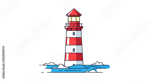 Striking vector illustration of a red and white lighthouse rising above tranquil waters, maritime beacon guiding ships on open sea coasts during