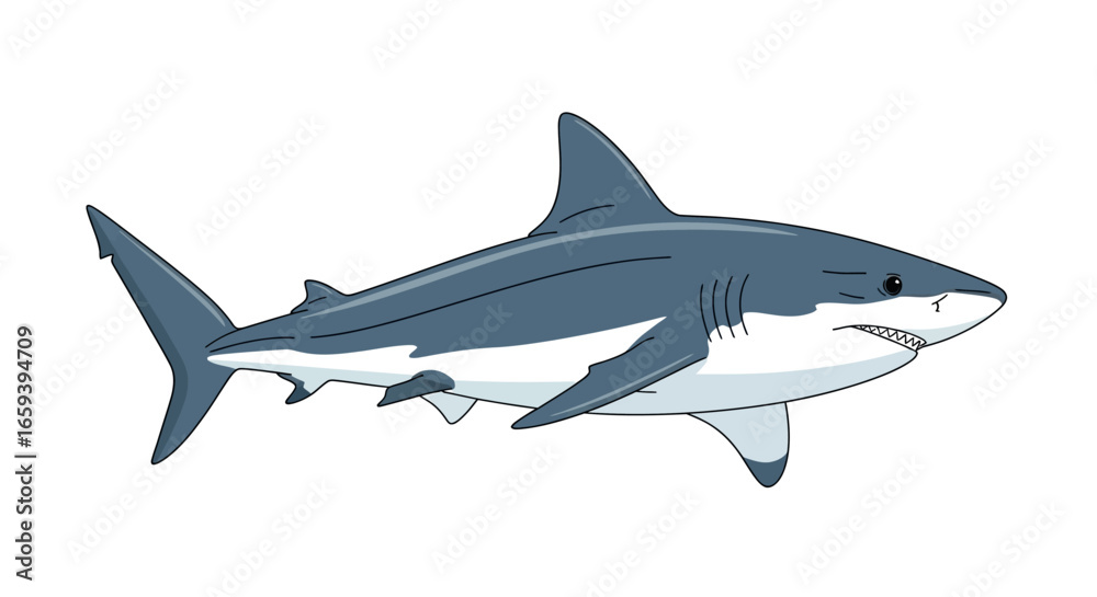 Naklejka premium Cartoon illustration of a great white shark swimming in ocean water with sharp teeth and a streamlined body for kids educational content or marine