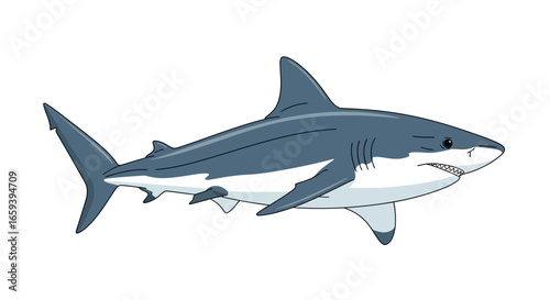 Cartoon illustration of a great white shark swimming in ocean water with sharp teeth and a streamlined body for kids educational content or marine