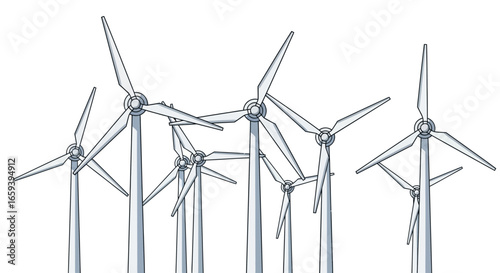 Array of Wind Turbines Harvesting Renewable Energy in a Sustainable Power Plant Design Sketch Clean energy generation concept alternative source