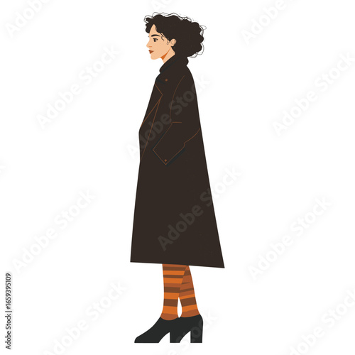 A woman in a long dark brown wool coat illustration fashion profile vector