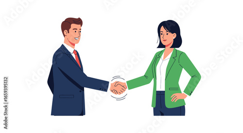 Professional collaboration: Illustration of male and female colleagues sealing partnership, emphasizing corporate networking and synergistic teamwork