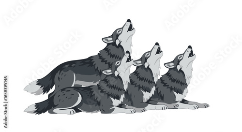 Stylized Wolf Pack Howling Illustration on White Background Expressing Wild Harmony Aural Communication Unity and Wilderness