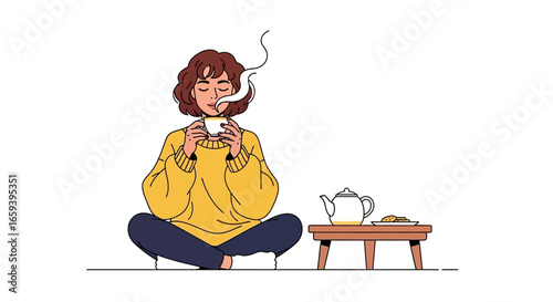 Illustration depicting a serene woman enjoying a cup of tea in a comfortable setting promoting relaxation and wellness through mindful moments and