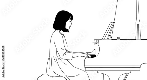 Elegant monochrome illustration of a woman gracefully playing a grand piano in a minimalist setting evoking peace and artistry