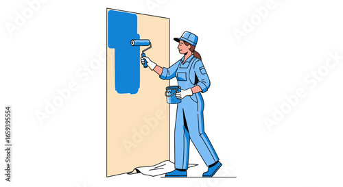 Professional painter applies vibrant blue coating with roller, interior redesign renovation, and a female tradesperson at work, home transformation