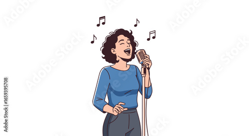 Woman in Blue Shirt Holding Microphone and Singing with Musical Notes Overhead Depicted in Cartoon Style Illustration