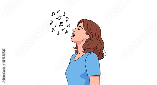 Illustration of a young woman singing with musical notes coming from her mouth in a cartoonish style isolated on a white background