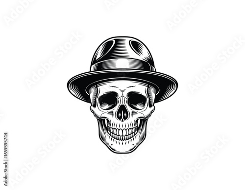 Detailed skull wearing a fedora hat illustration in black and white artwork design for posters and apparel featuring intricate linework