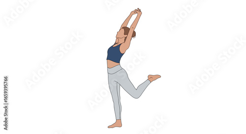 Serene yoga posture on white backdrop: A woman stretches with mindful movement for flexibility and balance wellness in an isolated graphic render