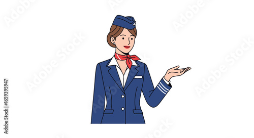 Illustration of a friendly female flight attendant in classic blue uniform gracefully gesturing for attention with a welcoming open hand