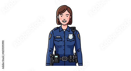 Empowered female police officer illustration displaying strength professionalism and dedication with vibrant colors and dynamic composition