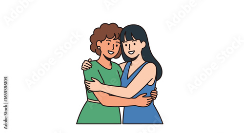 Cartoon Illustration of Two Young Women Embracing Affectionately Sharing Comfort and Joyful Connection Demonstrating Friendship and Close Bonds with