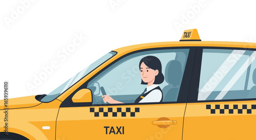 Illustrative taxi service driven by a poised female driver conveying urban transportation concepts with checkerboard accents and bright yellow paint
