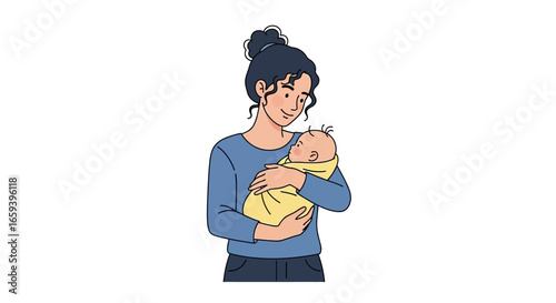 Illustration of a Young Mother Cradling Her Newborn Baby with Tender Care, Showcasing Maternal Love and Affection in a Minimalist Style