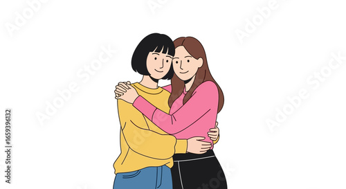 Heartwarming embrace of two young women sharing a moment of affection and friendship against a white isolated background showcasing genuine emotions