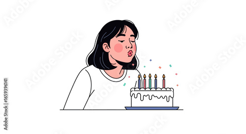 Young woman with black hair blowing out colorful candles on a birthday cake for celebration and festive mood, isolated on a white background