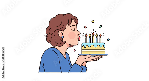 Whimsical birthday celebration: A youthful woman blowing out the festive candles atop a layered cake against a clear white background