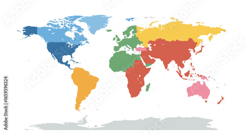 Stylized World Map Illustration with Continent Colors and Flat Design Depiction, a global vision with isolated regions and colorful schematic