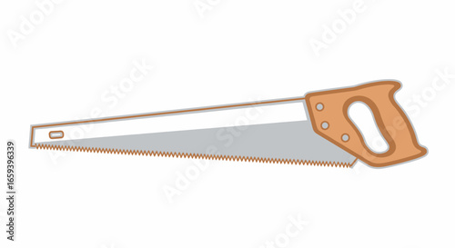 Illustrated hand saw with a wooden handle, tool designed for cutting wood and other materials in construction and woodworking projects showing