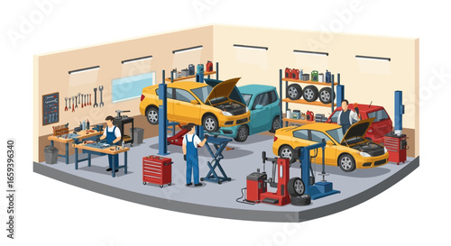 Busy Automotive Repair Shop with Mechanics Servicing Vehicles and Diagnosing Problems with Equipment and Tools inside Garage, illustration