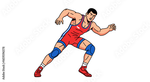 Dynamic wrestling athlete in attack stance isolated on white offering visual depiction of the sport with red and blue wrestling gear emphasizing
