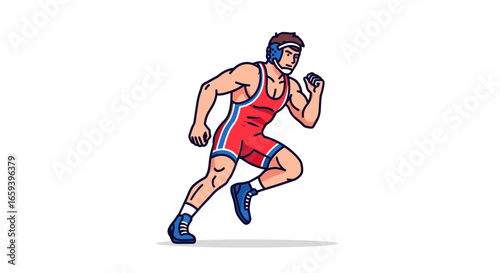 Dynamic illustration portraying a focused wrestler in motion ready for action, captured with vibrant colors and sharp lines to depict the intensity